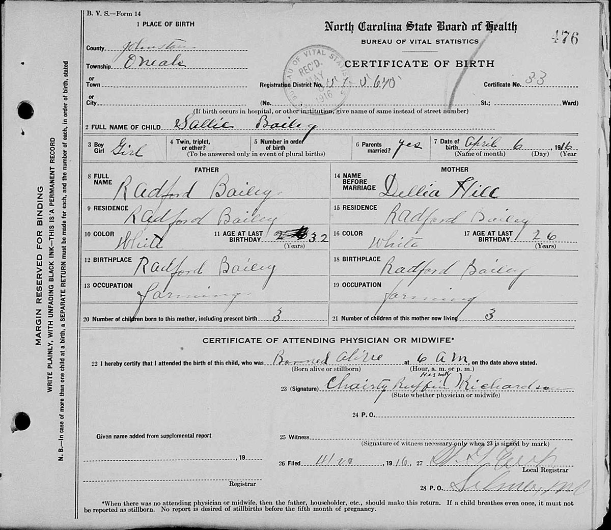 Sallie Bailey Birth Certificate 1916