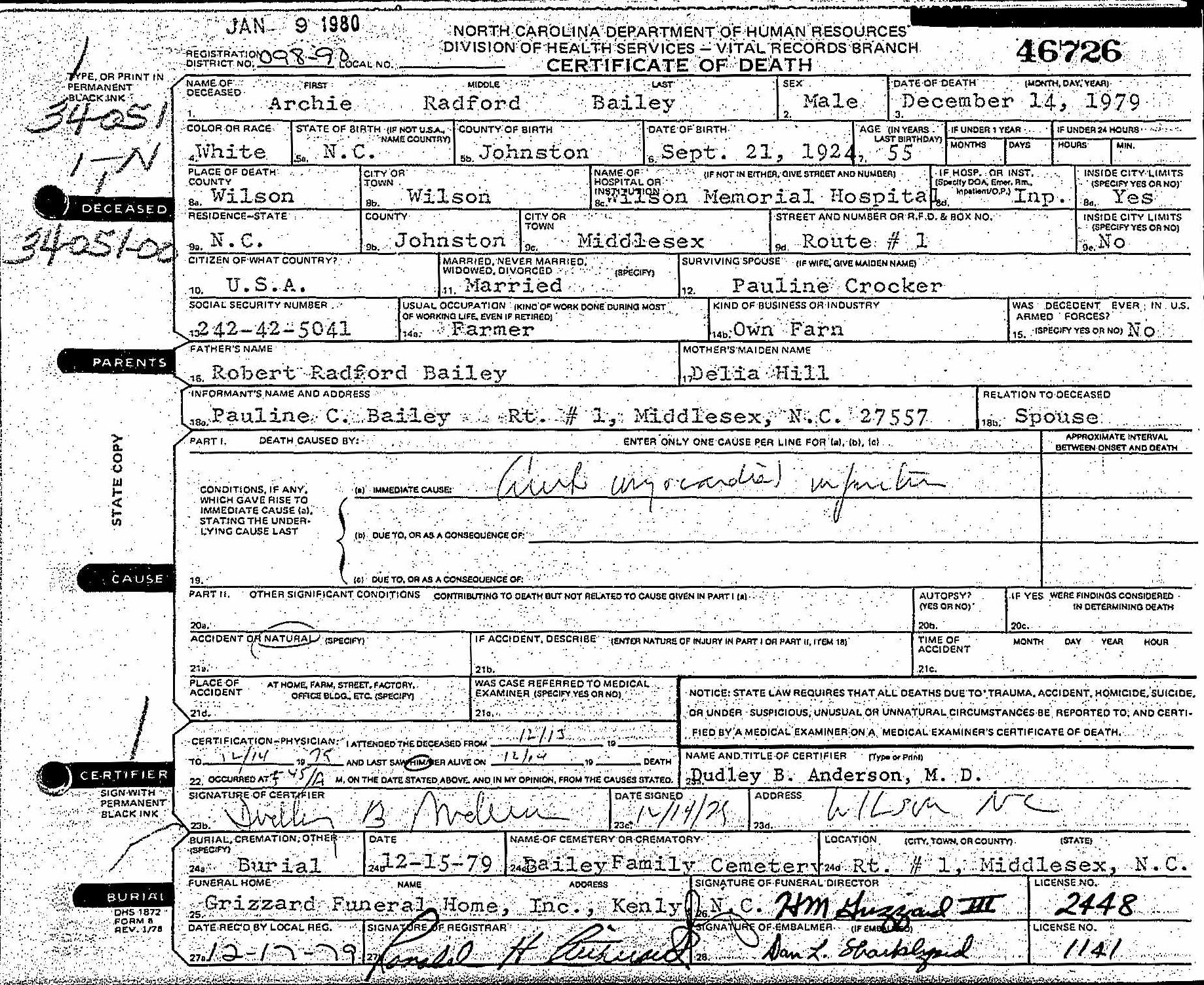 Wilbert Hill Death Certificate 1966