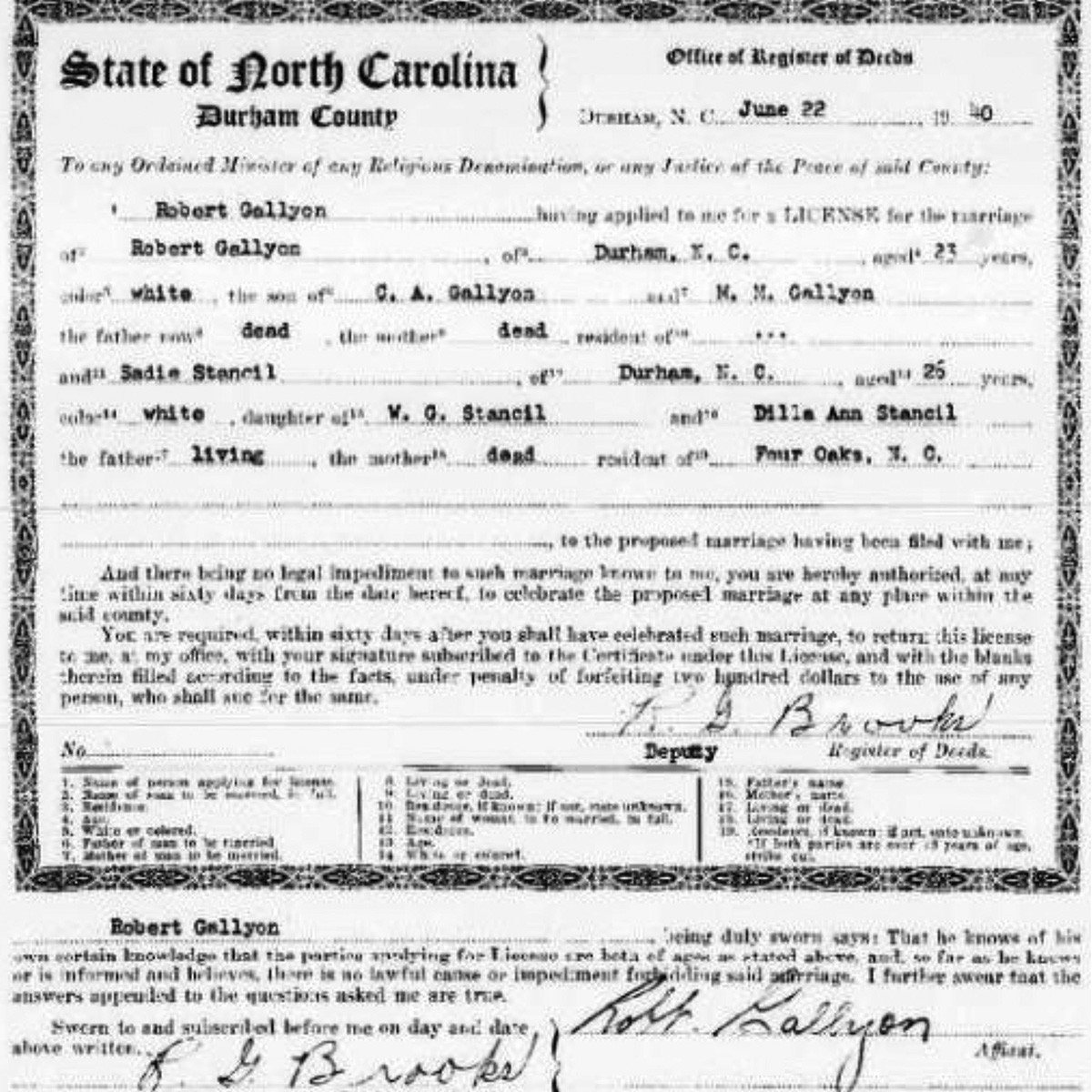 Sadie Stancil - Robert Lee Gallyon marriage certificate 1940