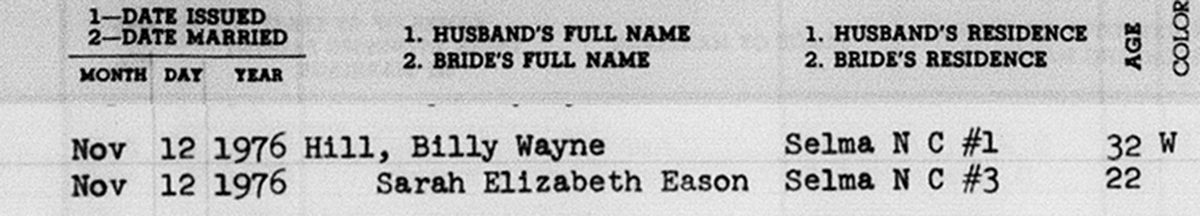1976 Johnston County marriage registry entry for Billy Wayne Hill and Sarah Elizabeth Eason (Part 1: Groom and Bride details)