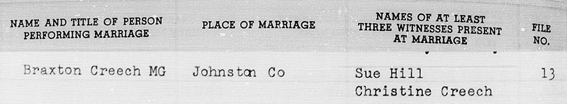 1968 Johnston County marriage registry entry for Billy Wayne Hill and Bonnie Gail Brewer (Part 2: Ceremony and Witnesses)