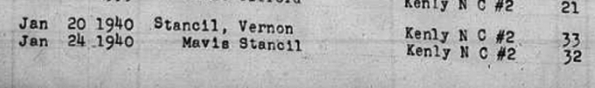 1940 Johnston County marriage registry entry for George Vernon Stancil and Mavis Stancil (Part 1: Groom and Bride details)