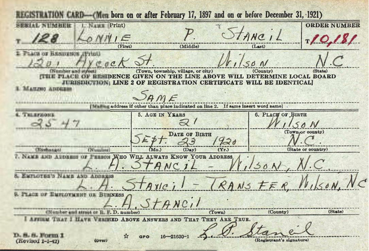 Lonnie Pearl Stancil's Draft Registration Card.