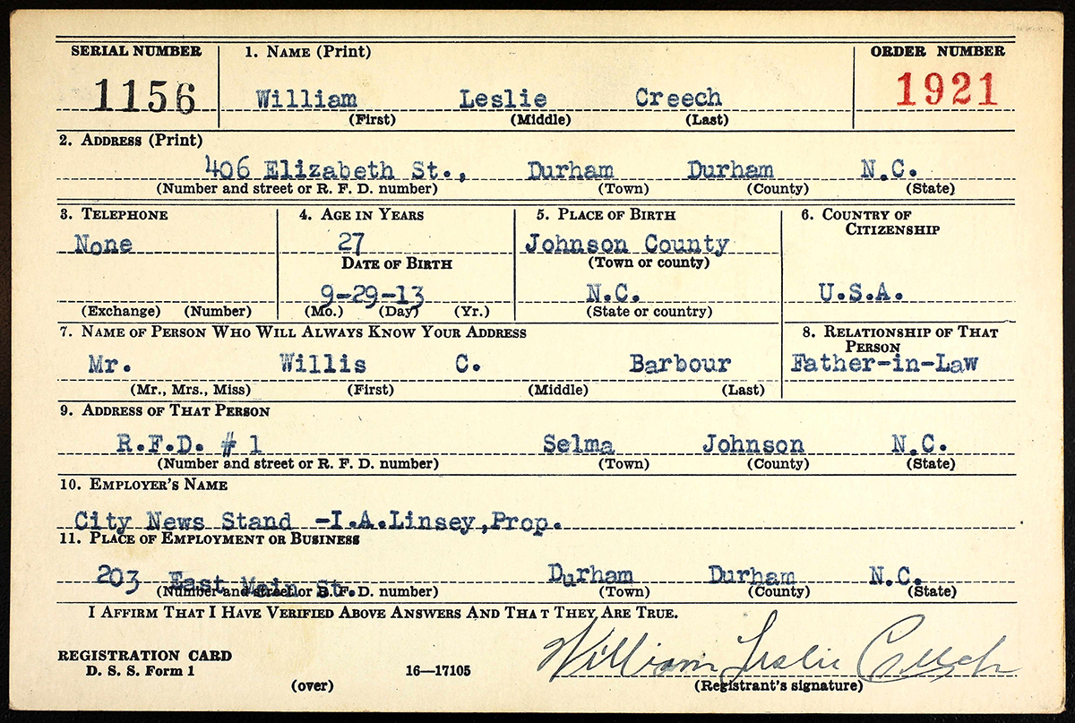 William Leslie Creech Draft Card 1942 Front